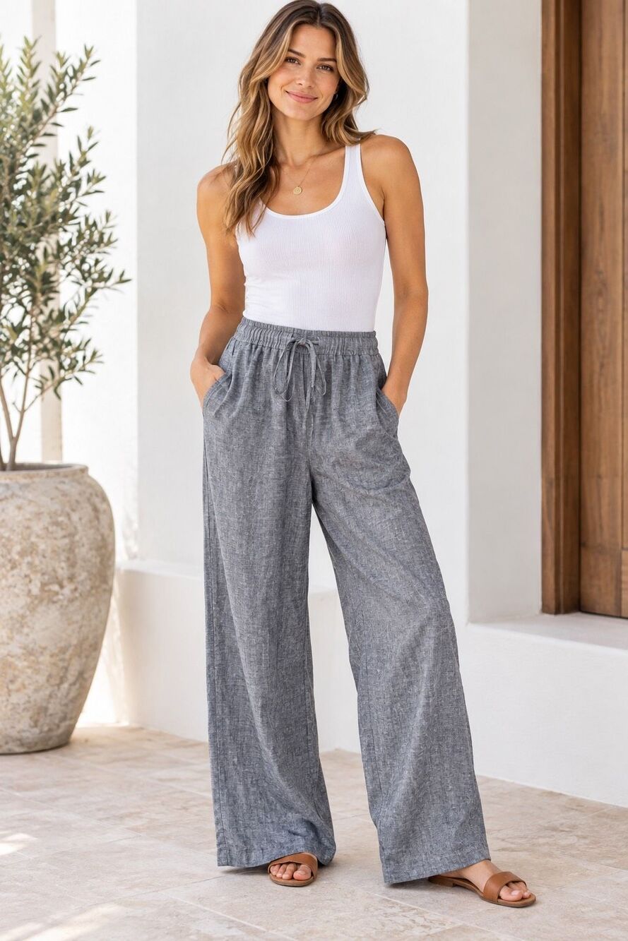 Marine Layer Allison Linen Tencel Chambray Wide Leg Pull On Pants Gray M